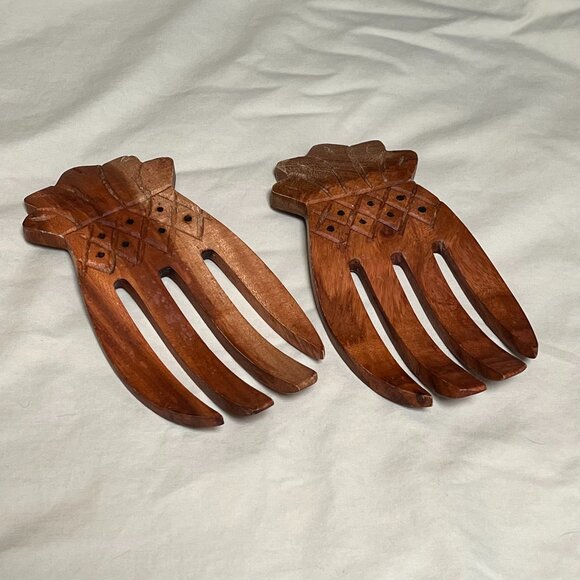 Pineapple Shaped Carved Acacia Wood Salad Forks Servers - Picture 1 of 9